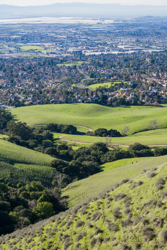 Trail to Mission Peak and view towards the towns of East San Francisco bay, California